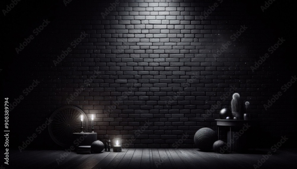 Wall mural room with a spotlight and black brick wall