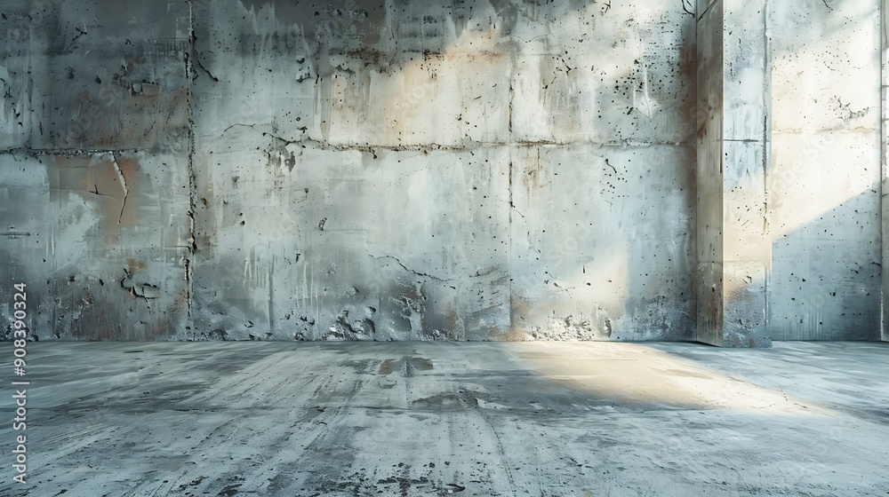 Poster empty warehouse room with grungy stucco concrete wall floor room as background corner of old grunge 