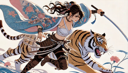 Obraz premium 日本画（Japanese painting）／戦士 美人画 美女 着物 anime イラスト