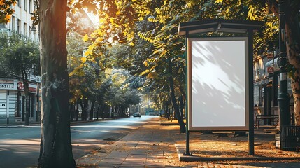 white blank advertising billboard street mockup panel digital lightbox poster ad banner board bus shelter advertising green park background vertical format sign stucco facades european : Generative AI