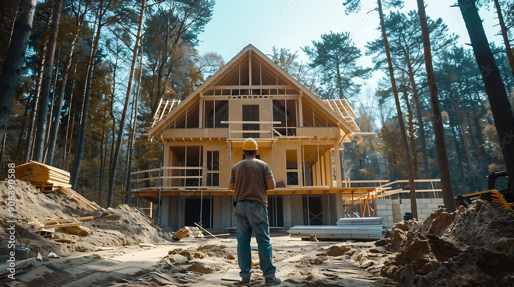 Poster worker building wooden twostory house near the forest man in work clothes and hard hat reviewing the