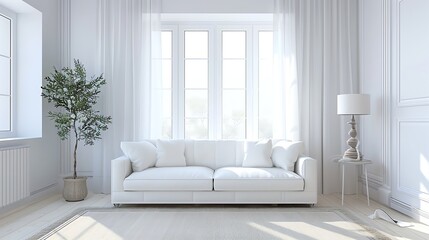A white couch with pillows in a minimal living room with a white lamp and a potted plant.