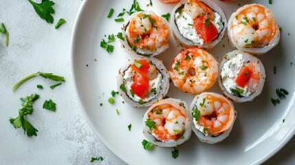 Artistic top view of rolls featuring shrimp, cream cheese, tomatoes, and spicy sauce on a white plate, highlighting the vibrant colors and textures