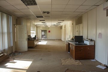 An abandoned office space filled with old furniture, computers, and disarray, showcasing a once-busy workplace now left vacant.