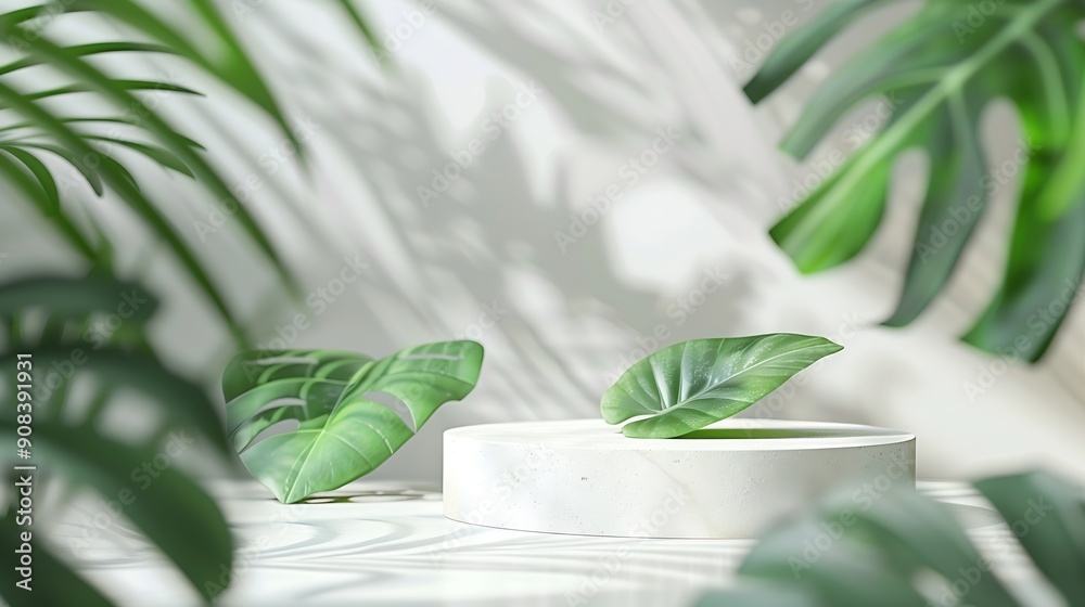 Aufkleber creative concept of minimalism with leaf and plaster podium blank space on white podiums for present