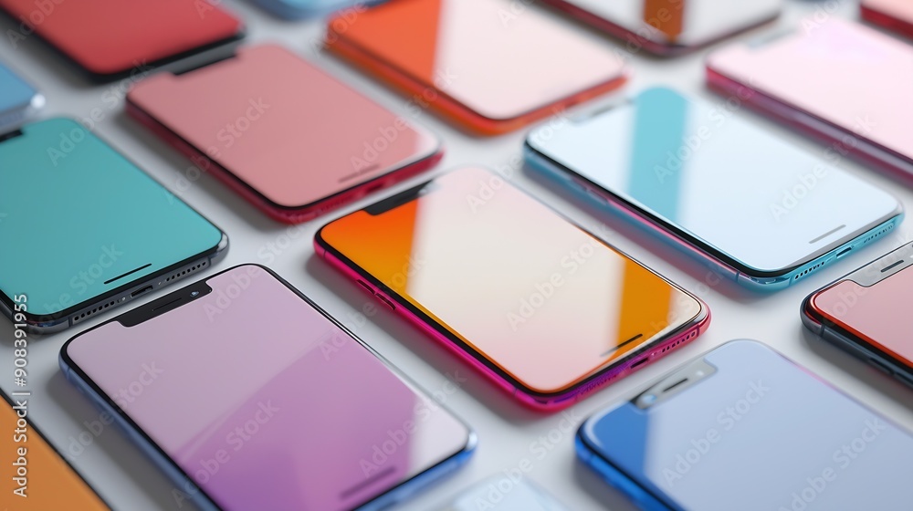 Poster flat rays collection of smartphone mockup blank screen isolated with clipping path on white background : Generative AI