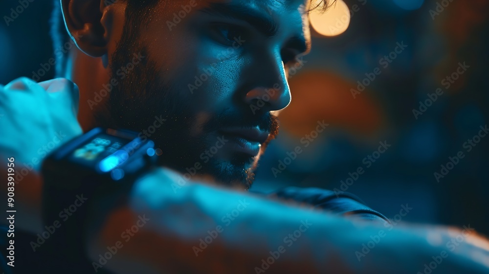 Poster Mid adult man using smart watch during training Heart monitor beats with wristwatch smart watch or future data on healthcare technology in use of smart watch for health condition : Generative AI