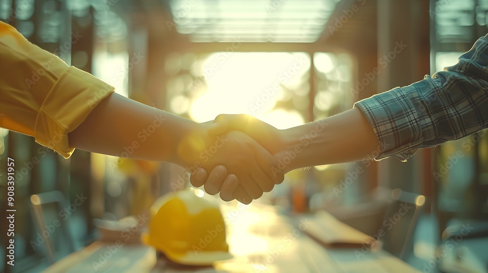 Poster construction team shake hands greeting start new project plan behind yellow helmet on desk in office