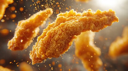 Close-up freeze-motion shot of fresh fried chicken strips in mid-air, with golden breading and crispy texture