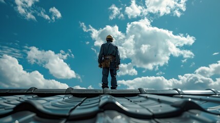 Obraz premium Repair and replacement of the old roof with a new one Construction worker in protective clothing standing on roof with tools : Generative AI