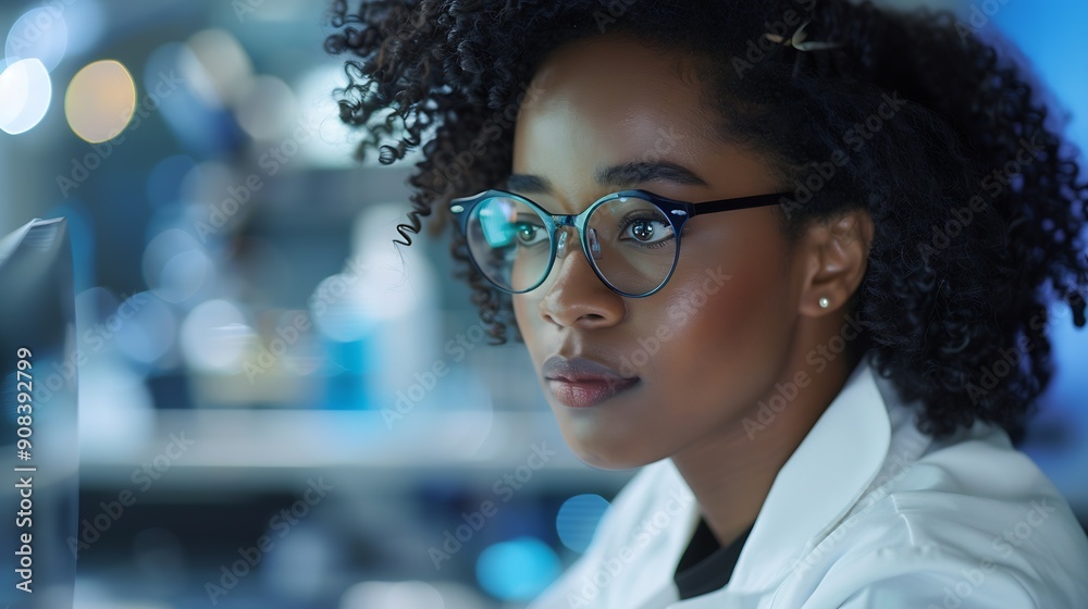 Poster A focused african american woman scientist working on a computer in a laboratory setting : Generative AI