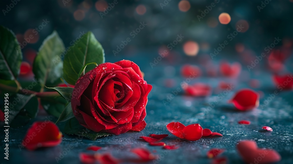 Poster valentine day composition with rose flower and red heart on table top view flat lay copy space holid
