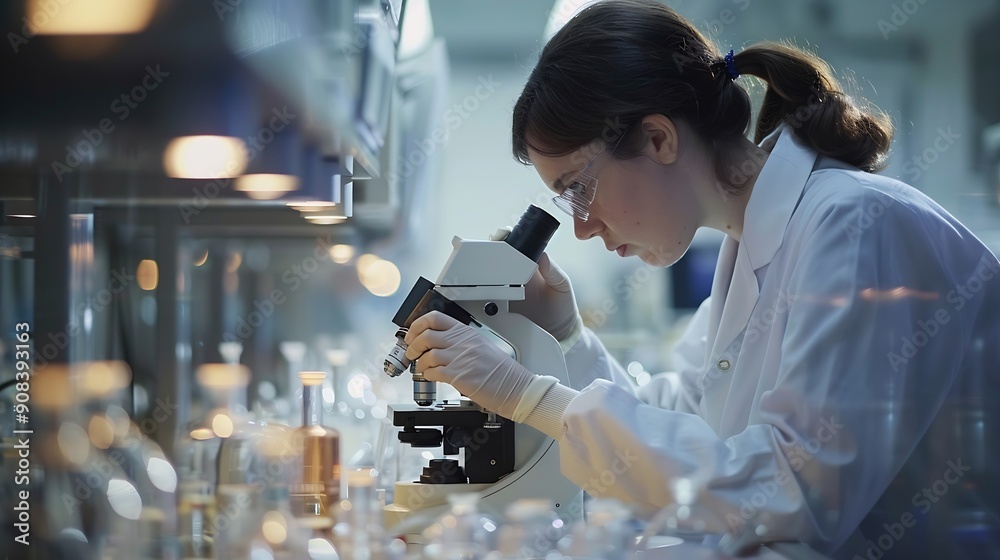 Poster scientist analyze biochemical samples in advanced scientific laboratory medical professional use mic