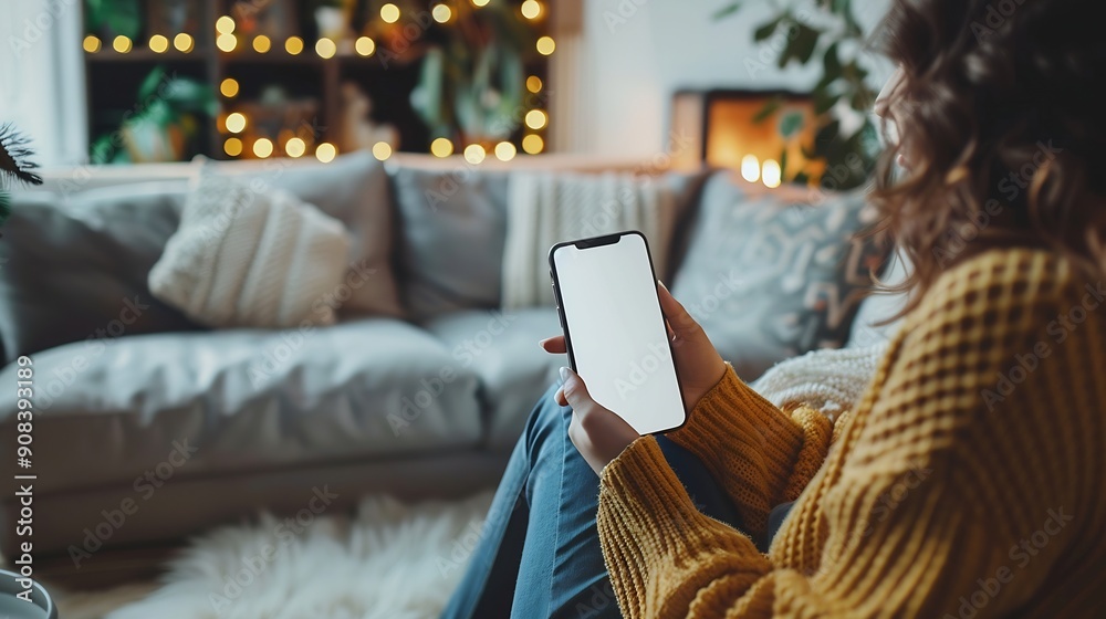Poster mockup image of a woman holding and using mobile phone with blank desktop white screen at home : gen