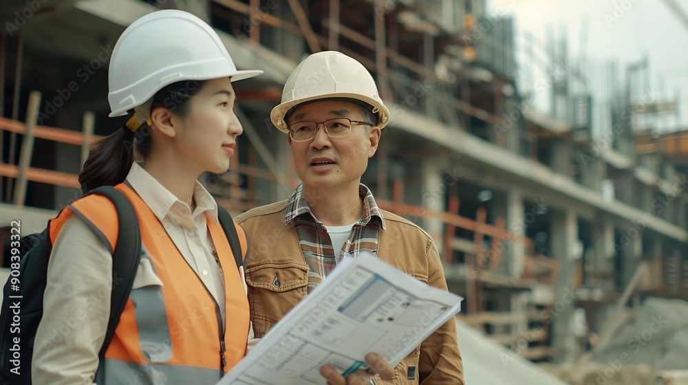 Poster Engineer and female foreman worker team checking project at precast factory site Engineer and builders in hardhats discussing on construction site : Generative AI