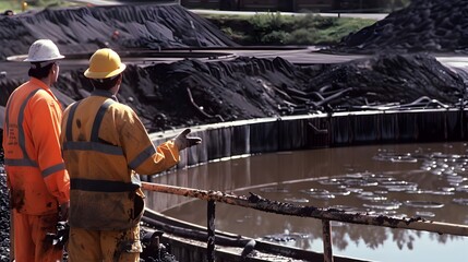 Fototapeta premium Technicians Inspecting Gas Collection Systems at Landfill Waste Management Facility