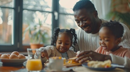 Black family parents and children for breakfast in home with serving bonding and happy in dining room Love mother and father with kids in morning with food eggs and bread for nutrition : Generative AI