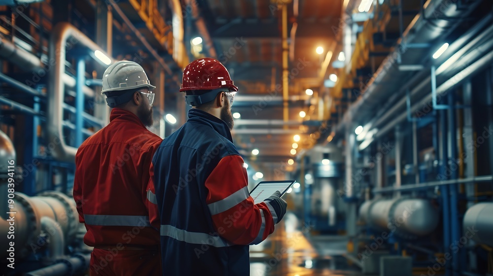 Poster heavyduty industrial engineers stand in a pipeline manufacturing facility using digital tablet compu