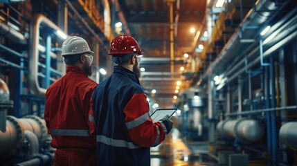 Obraz premium Heavyduty industrial engineers stand in a pipeline manufacturing facility using digital tablet computers for the construction of products to transport oil gas and fuel : Generative AI
