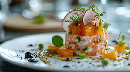 Closeup of a luxury appetizer on a white plate in restaurant elegant Culinary Presentation Food Photography Concept image : Generative AI