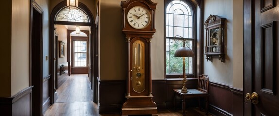 An antique grandfather clock in a dimly lit Victorian hall, evoking timeless elegance