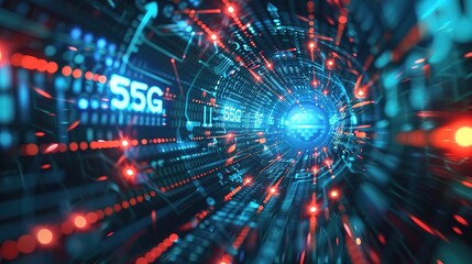 Image of digital interface with 5G network of connections and scope in glowing tunnel. Global technology and network of connections concept digitally generated image. 