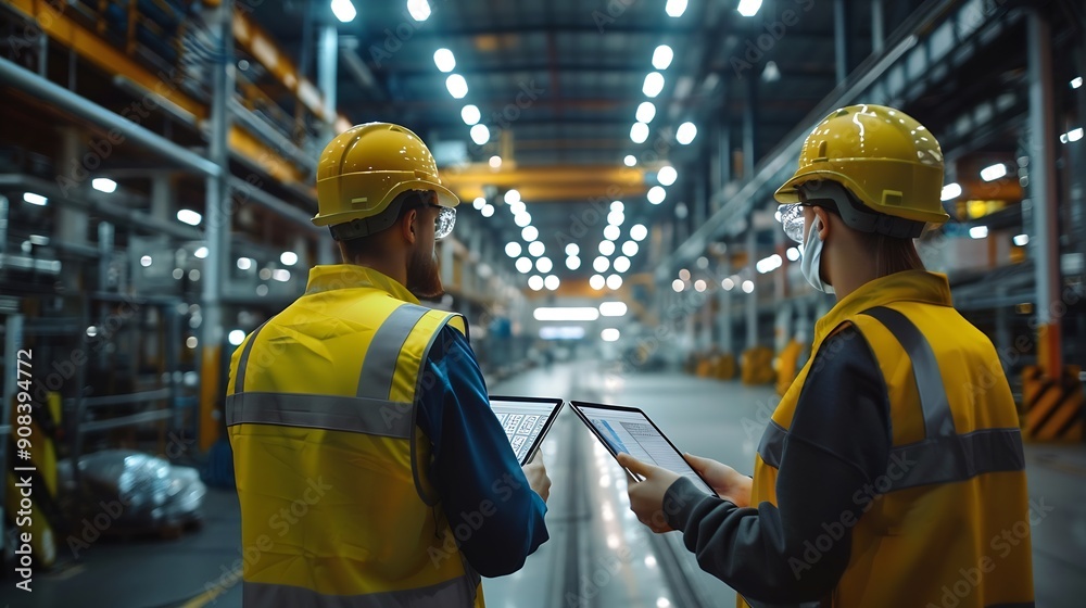 Aufkleber Industry 40 Modern Factory Two Engineers in Empty Warehouse Use Digital Tablet Computer with Augmented Reality Software For a Room Mapping Doing 3D Factory Floor Layout High Angle Shot : Generative AI