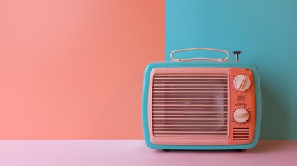 A retro-style radio in pink and blue sitting in front of a pink and blue background.