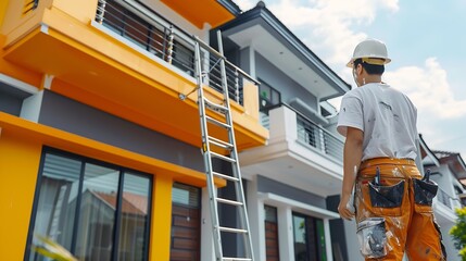 House painting and renovation business concept 

Asian male painting wall outstide house from the ladder Construction concept : Generative AI