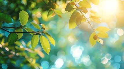 Tree branch with leaves in front of blue sunny sky Summer background with copy space : Generative AI