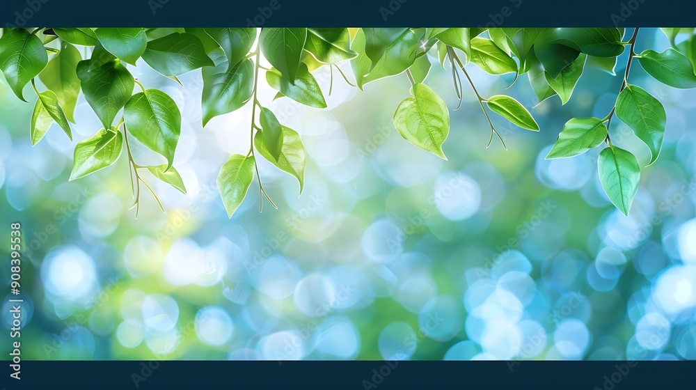 Poster summer background of blue and green blurred foilage and sky with bright bokeh blurry abstract summer