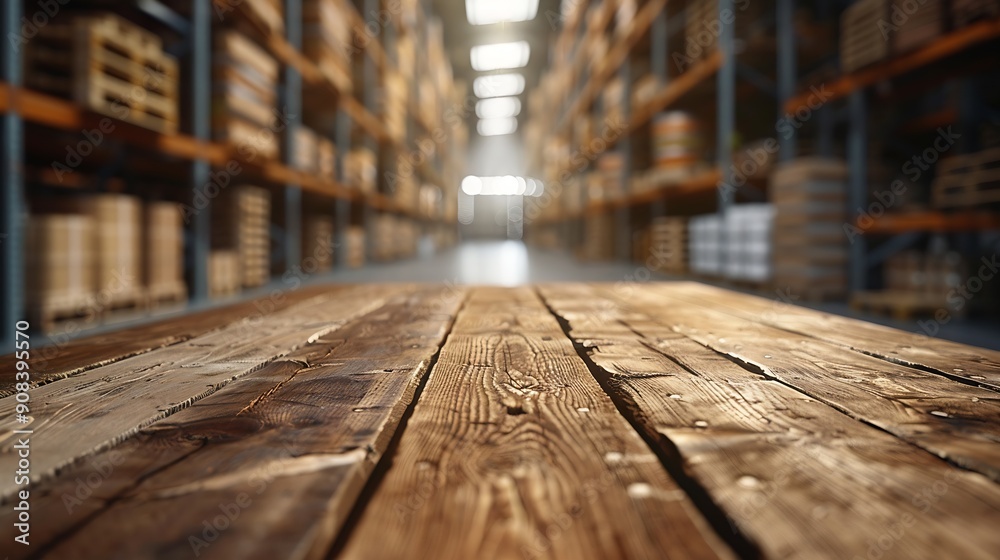 Leinwandbilder the empty wooden table top with blur background of warehouse storage exuberant image : generative ai