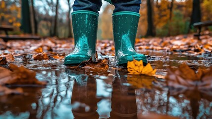 Autumn Rain: Person Wearing Rain Boots Amidst Fall Leaves Puddle