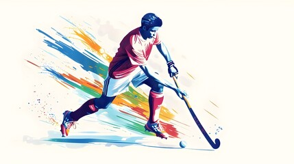 Obraz premium Minimalist of a Field Hockey Player Dribbling on a White Background