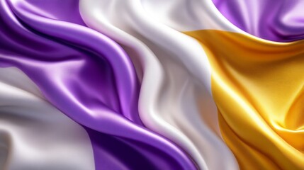 Close-up of a purple, white, and gold satin fabric with flowing textures and intricate folds creating a luxurious and elegant appearance.