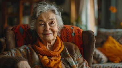 Fototapeta premium Happy portrait and senior woman relax on a chair in nursing home with security safety and elderly care confidence Smile face and calm old lady person in peaceful retirement house livin : Generative AI