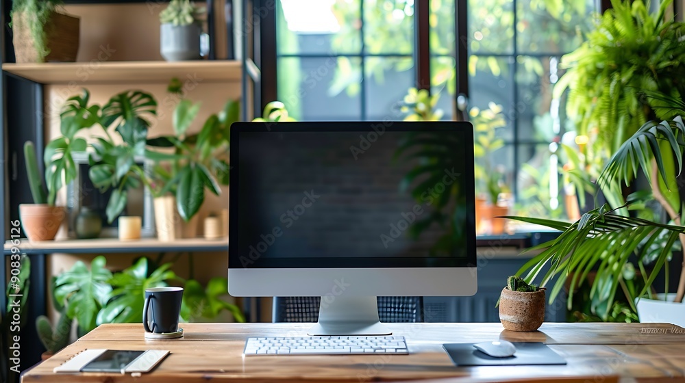 Aufkleber Empty workspace and a computer in a home office for remote work business or design of desk Working creative and a table with a pc and setup for a freelance career or entrepreneurship f : Generative AI