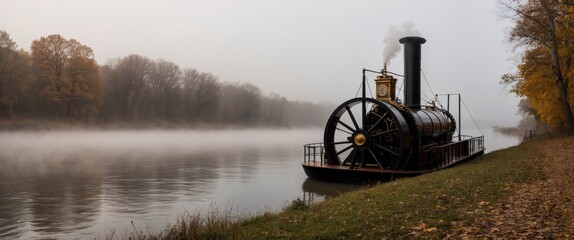 A misty morning by an old steamboat paddlewheel on a tranquil river bank