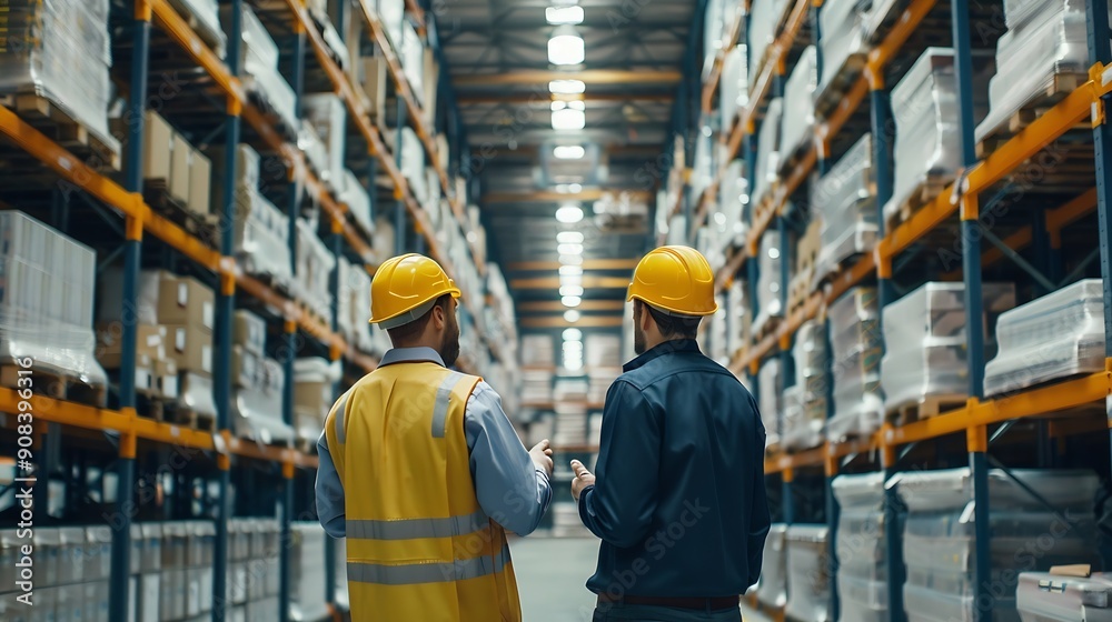 Poster Portrait of engineers workers planning and talking in empty warehouse to design the arrangement of product shelves Team foreman talk details work : Generative AI