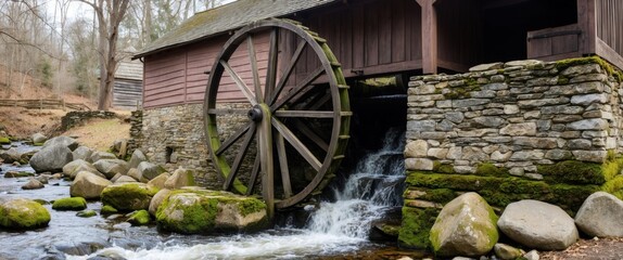 Fototapeta premium An old wooden water wheel by mossy stones, perfect for rural and nature themes