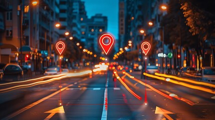 Obraz premium Night street scene of a city with glowing red GPS pins superimposed on the road.
