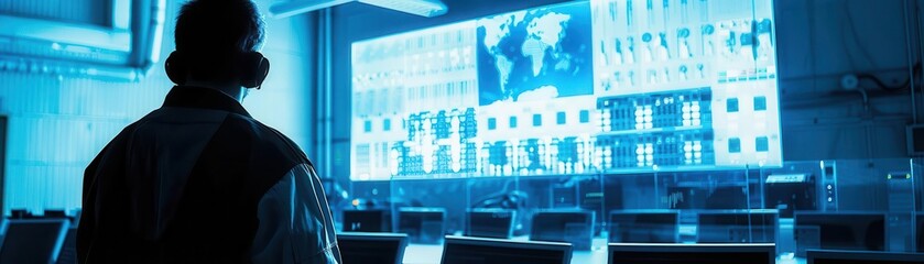 Instructor teaching safety protocols in a nuclear facility training room, front view, representing careful adherence, robotic tone, Monochromatic Color Scheme
