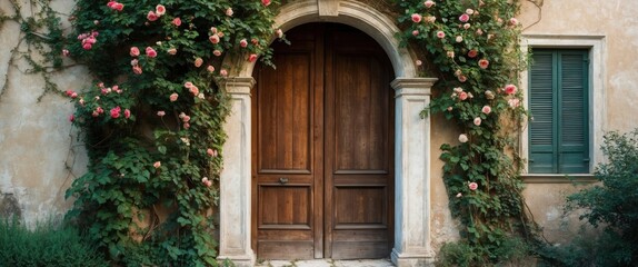 Fototapeta premium Rustic wooden door of an old Italian villa, beautifully overgrown with flowers