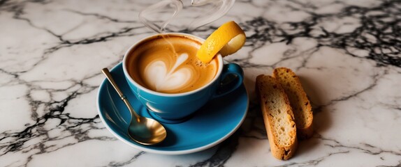 Steaming espresso on a marble countertop, paired with a sweet biscotti treat