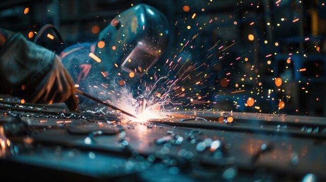 Sparks of light from a technician's welding electrode at a steel factory.