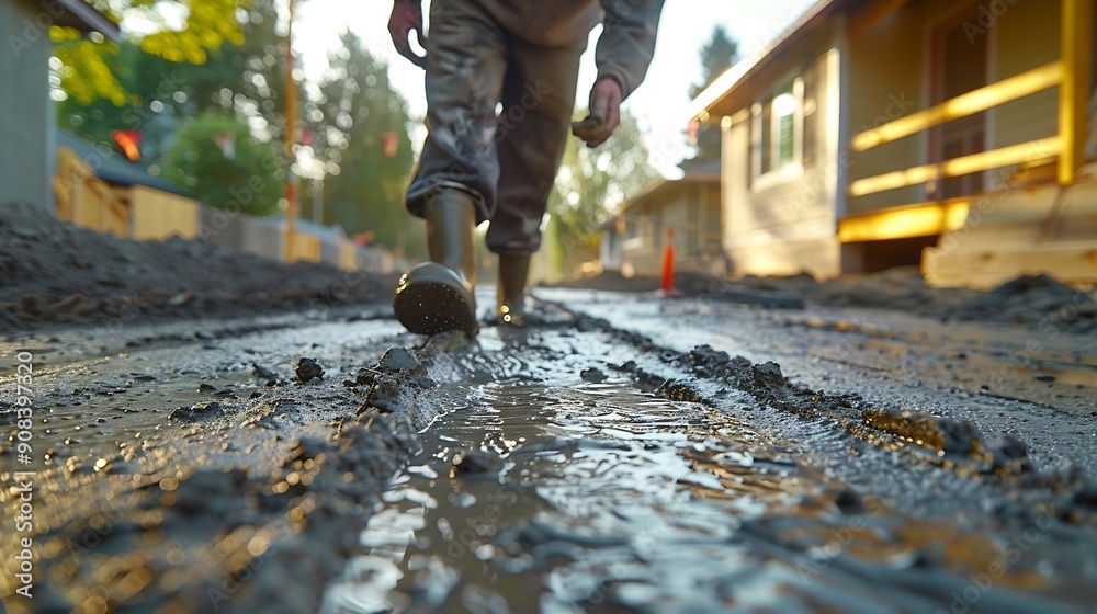 Poster Man working on smoothing concrete driveway for the new home build at construction site Architecture and exterior structure base progress safety foundation pavement ground Real estate i : Generative AI
