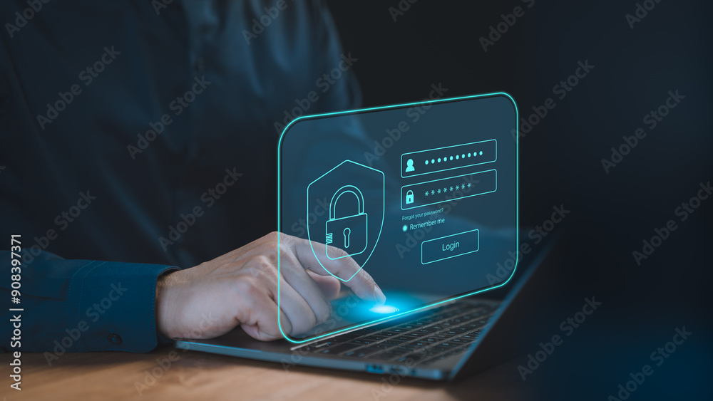 Poster Male user use a laptop computer type the username and password. User privacy security and protect personal data internet network. Cyber ​​security and digital data protection technology concept.
