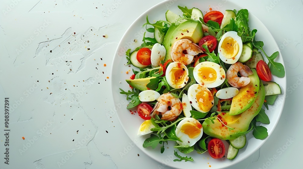 Poster Healthy salad with squid and avocado on white plate with harsh shadows Calamari salad with vegetables and eggs on white background with shadows of leaves Summer food menu : Generative AI