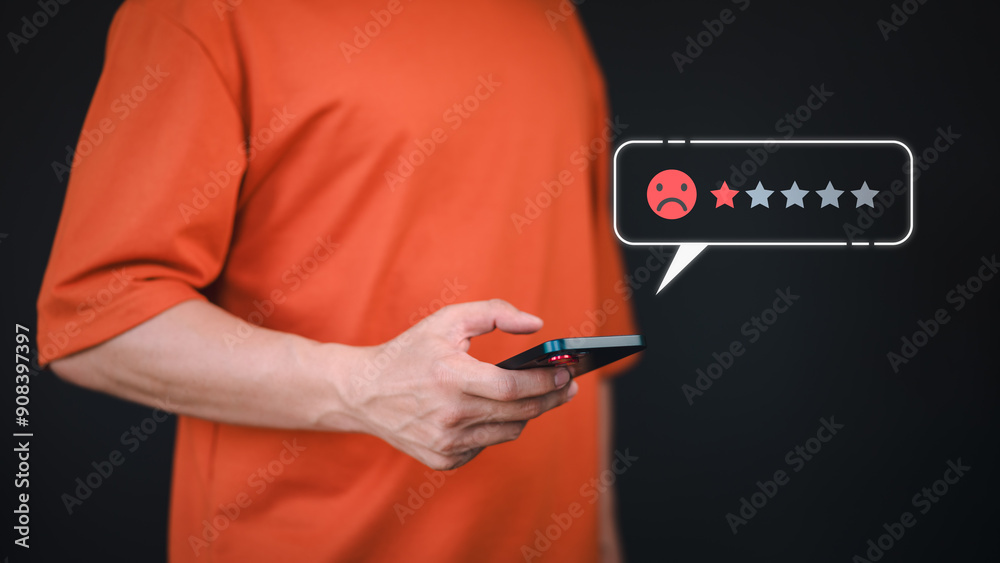 Aufkleber customer use a phone give angry emotion face on virtual screen for feedback review satisfaction serv