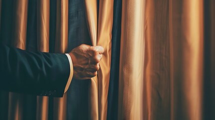 Person Pulling Curtain to Reveal Corruption and Uncover the Truth